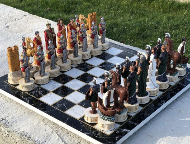 Luxury Chess Set for Adults X Large Trojans and Spartans Hand Painted Chess Pieces Marble Wooden Chess Board Image 2