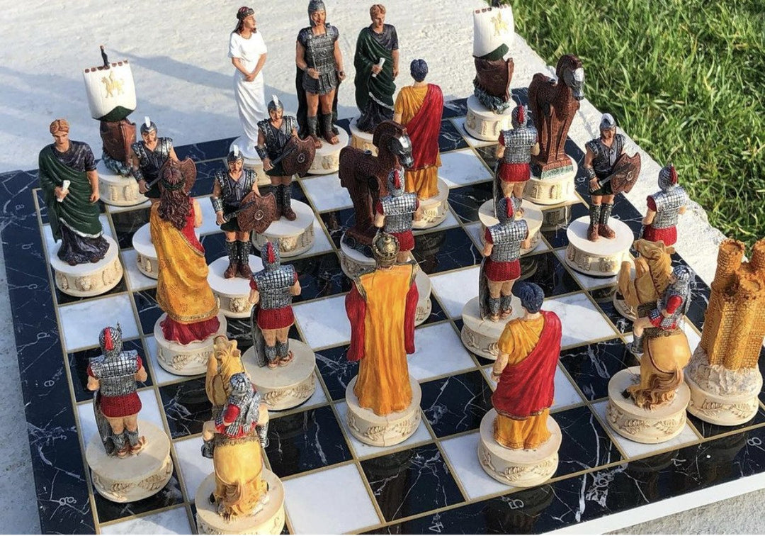 Luxury Chess Set for Adults X Large Trojans and Spartans Hand Painted Chess Pieces Marble Wooden Chess Board Image 3