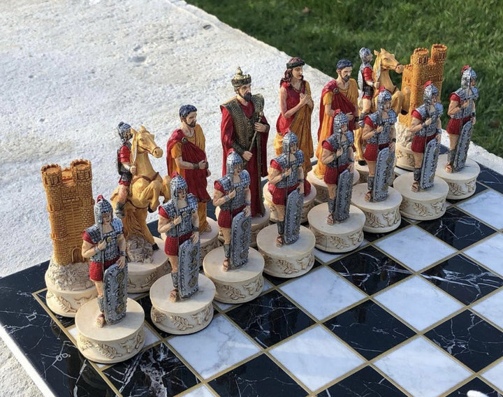 Luxury Chess Set for Adults X Large Trojans and Spartans Hand Painted Chess Pieces Marble Wooden Chess Board Image 4