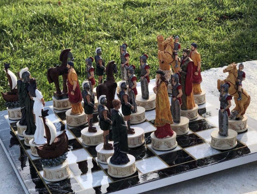 Luxury Chess Set for Adults X Large Trojans and Spartans Hand Painted Chess Pieces Marble Wooden Chess Board Image 6