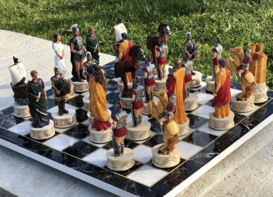 Luxury Chess Set for Adults X Large Trojans and Spartans Hand Painted Chess Pieces Marble Wooden Chess Board Image 7