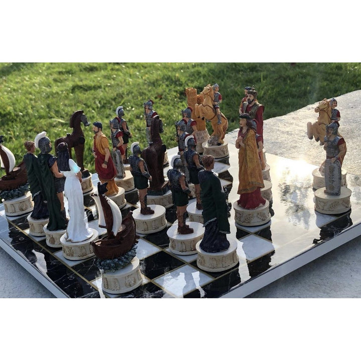 Luxury Chess Set for Adults X Large Trojans and Spartans Hand Painted Chess Pieces Marble Wooden Chess Board Image 8