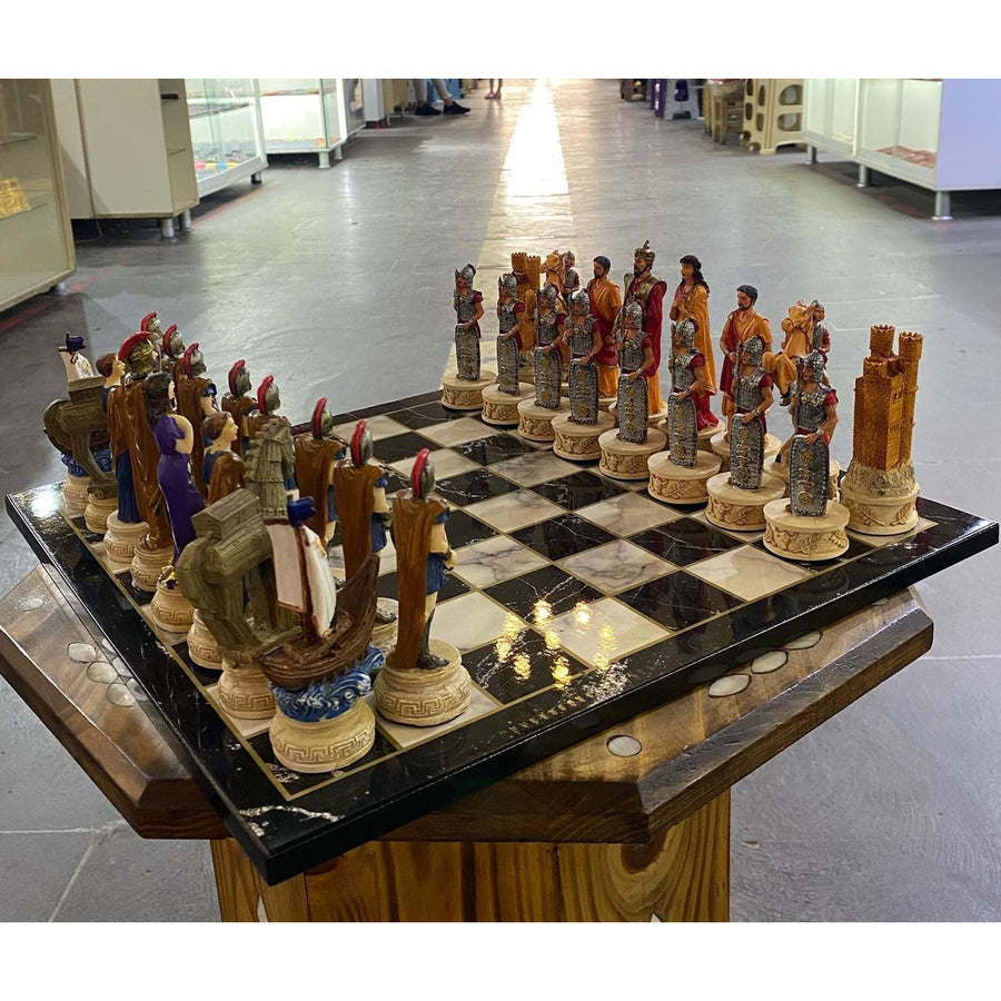 Luxury Chess Set for Adults X Large Trojans and Spartans Hand Painted Chess Pieces Wooden Chess Board Image 1