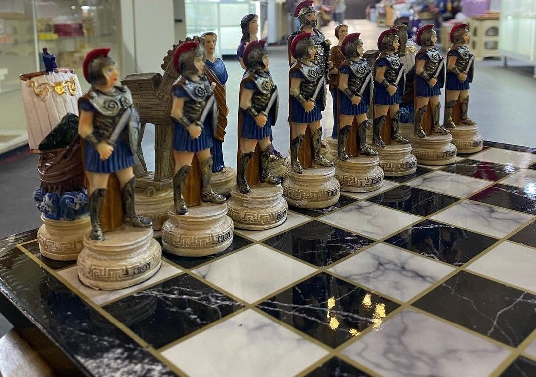 Luxury Chess Set for Adults X Large Trojans and Spartans Hand Painted Chess Pieces Wooden Chess Board Image 3