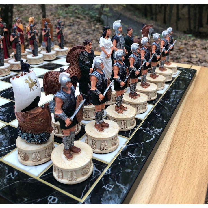 Luxury Chess Set for Adults X Large Trojans and Spartans Hand Painted Chess Pieces Wooden Chess Board Image 1