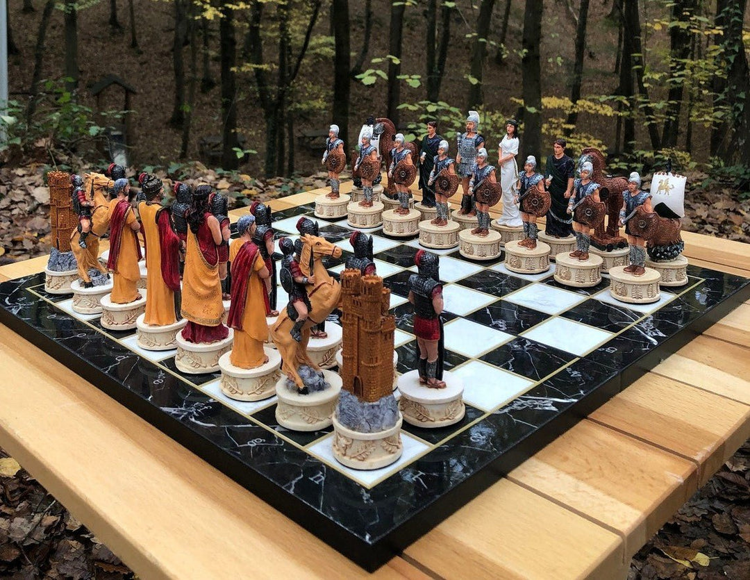 Luxury Chess Set for Adults X Large Trojans and Spartans Hand Painted Chess Pieces Wooden Chess Board Image 2