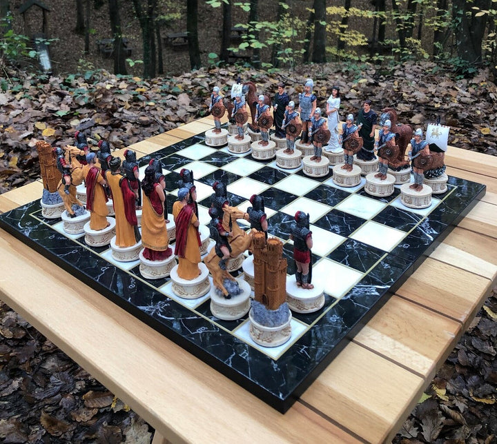 Luxury Chess Set for Adults X Large Trojans and Spartans Hand Painted Chess Pieces Wooden Chess Board Image 6