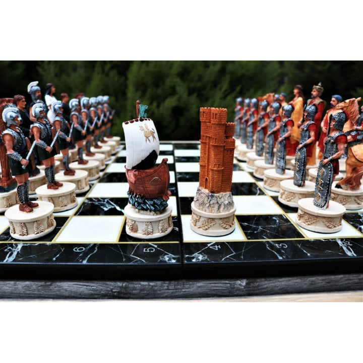 Luxury Chess Set for Adults X Large Trojans Spartans Hand Painted Chess Pieces Wooden Chess Board Image 1