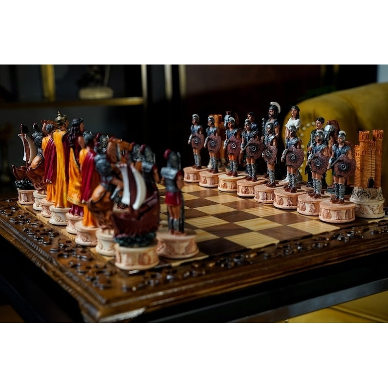 Luxury Chess Set for Adults X Large Trojans Spartans Hand Painted Chessmen Inlaid Solid Wooden Chess Board Image 1