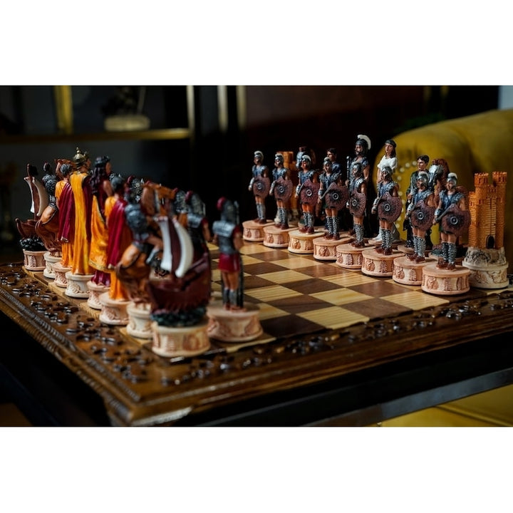 Luxury Chess Set for Adults X Large Trojans Spartans Hand Painted Chessmen Inlaid Solid Wooden Chess Board Image 1