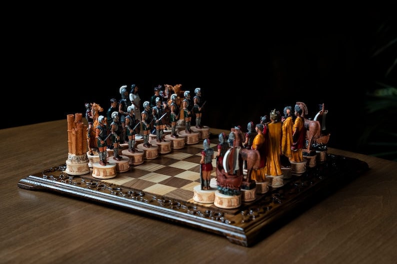 Luxury Chess Set for Adults X Large Trojans Spartans Hand Painted Chessmen Inlaid Solid Wooden Chess Board Image 4