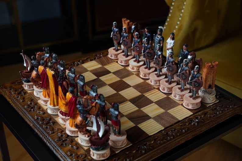 Luxury Chess Set for Adults X Large Trojans Spartans Hand Painted Chessmen Inlaid Solid Wooden Chess Board Image 8