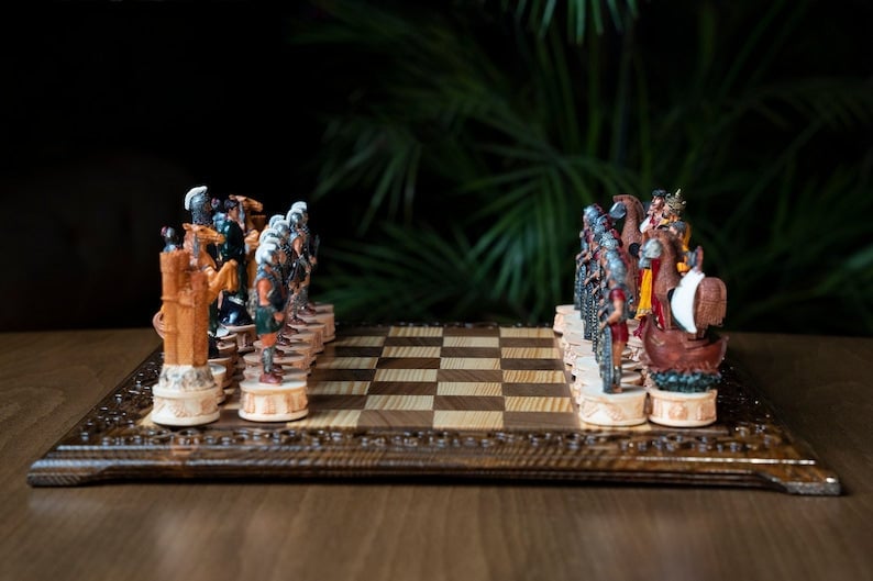 Luxury Chess Set for Adults X Large Trojans Spartans Hand Painted Chessmen Inlaid Solid Wooden Chess Board Image 10