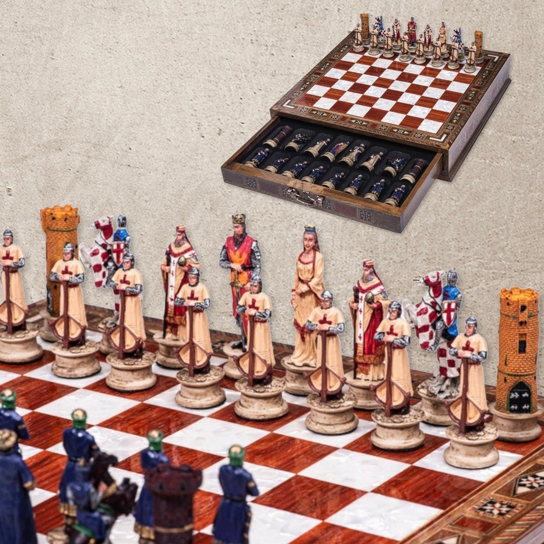 Luxury Chess Sets for Adults Historical Crusaders Hand Painted Chess Pieces Carved Inlaid Solid Wooden Chess Board Chess Image 1