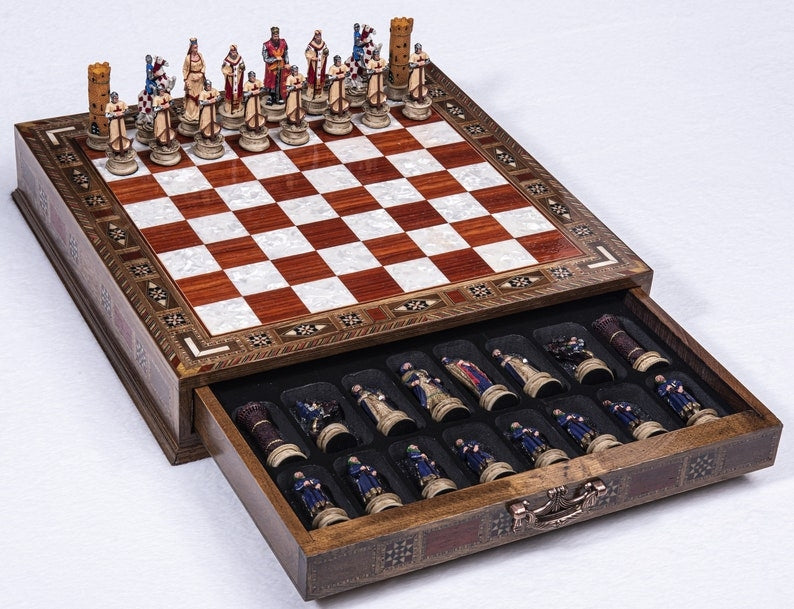 Luxury Chess Sets for Adults Historical Crusaders Hand Painted Chess Pieces Hand Carved Inlaid Solid Wooden Chess Board Image 2