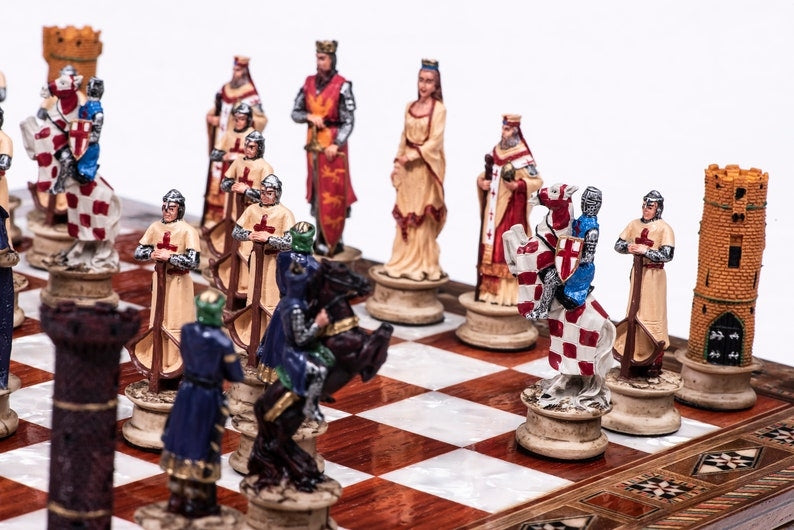 Luxury Chess Sets for Adults Historical Crusaders Hand Painted Chess Pieces Hand Carved Inlaid Solid Wooden Chess Board Image 3