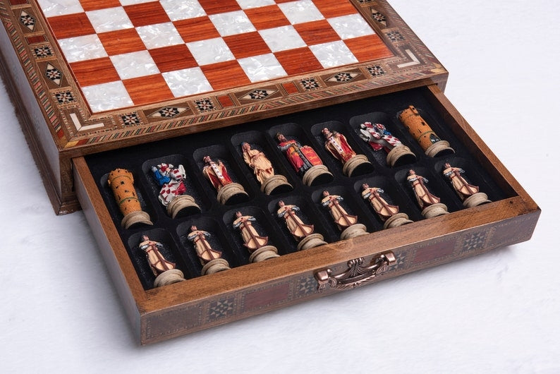 Luxury Chess Sets for Adults Historical Crusaders Hand Painted Chess Pieces Hand Carved Inlaid Solid Wooden Chess Board Image 4