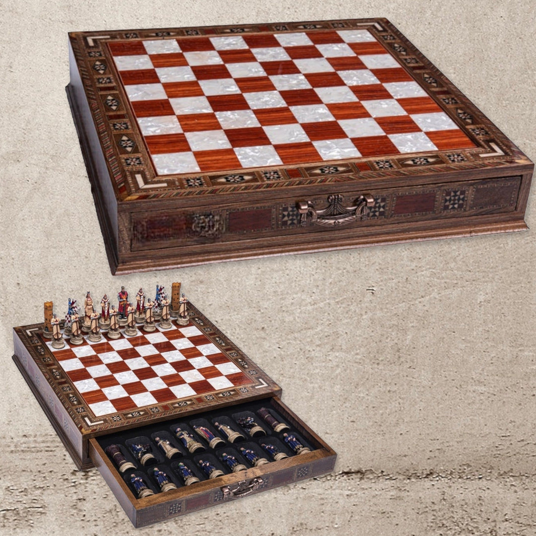 Luxury Chess Sets for Adults Historical Crusaders Hand Painted Chess Pieces Carved Inlaid Solid Wooden Chess Board Chess Image 6