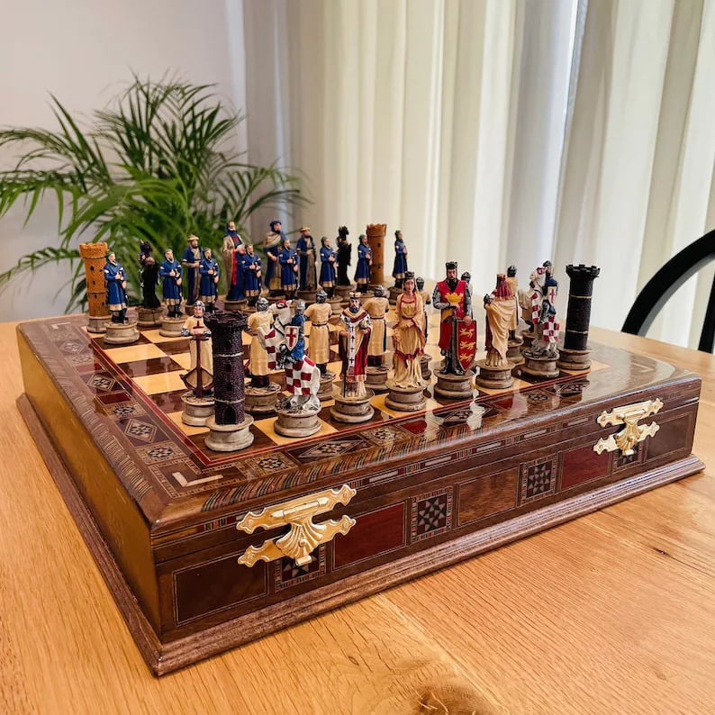 Luxury Chess Sets for Adults Historical Crusaders Hand Painted Chess Pieces Hand Carved Inlaid Solid Wooden Chess Board Image 1