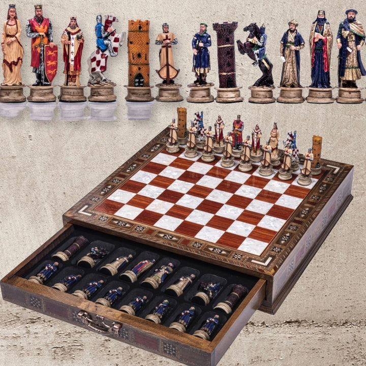 Luxury Chess Sets for Adults Historical Crusaders Hand Painted Chess Pieces Carved Inlaid Solid Wooden Chess Board Chess Image 8