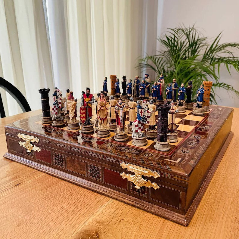 Luxury Chess Sets for Adults Historical Crusaders Hand Painted Chess Pieces Hand Carved Inlaid Solid Wooden Chess Board Image 2