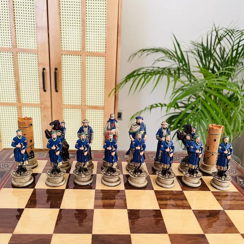 Luxury Chess Sets for Adults Historical Crusaders Hand Painted Chess Pieces Hand Carved Inlaid Solid Wooden Chess Board Image 6