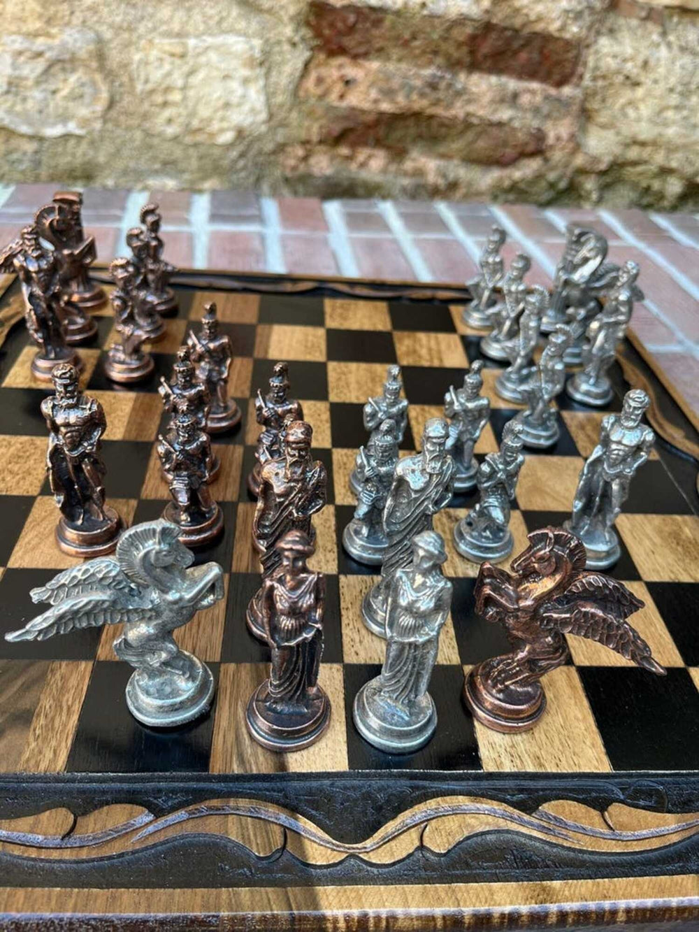 Antique Chess Set XL Pegasus Chessmen Vintage Wooden Chess Board 16" Gifts Idea Image 2