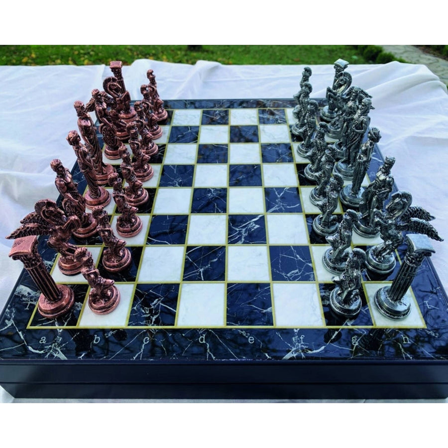 Antique Chess Set with Storage Pegasus Chess Pieces Marble Wooden Chess Board Image 1