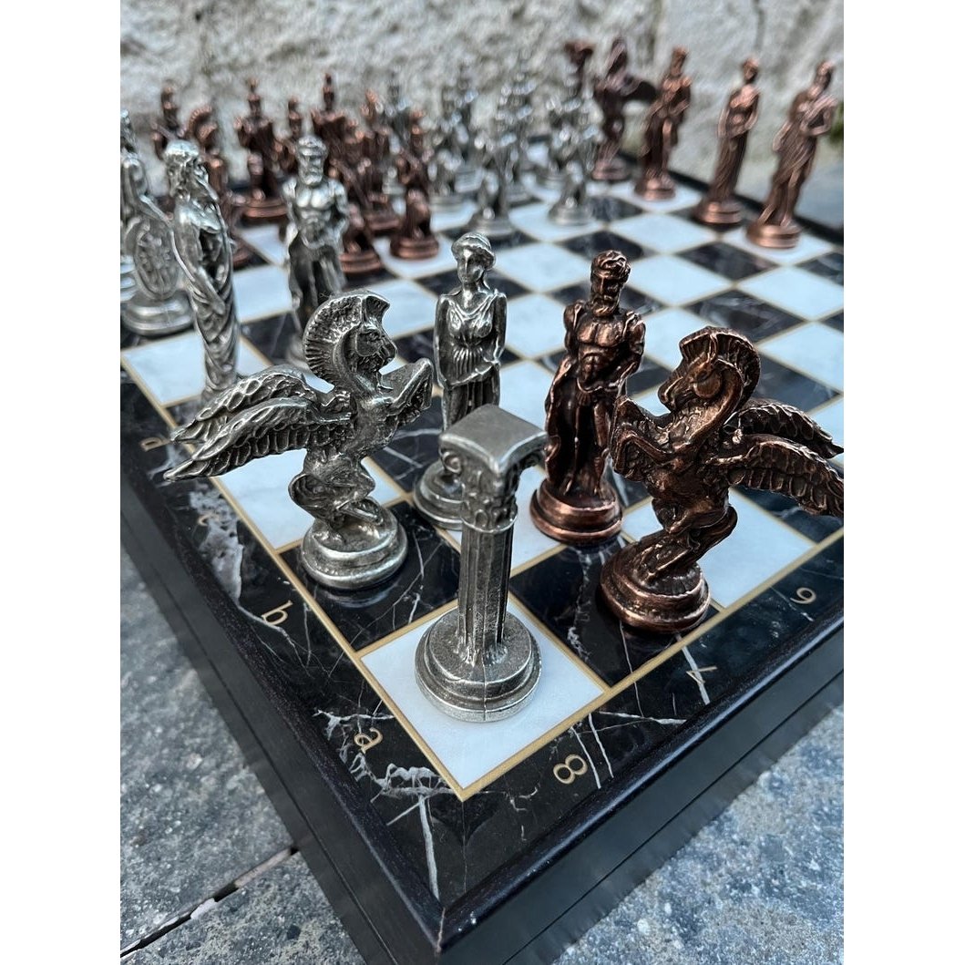 Antique Chess Set with Storage Pegasus Chess Pieces Marble Wood Chess Board Image 1