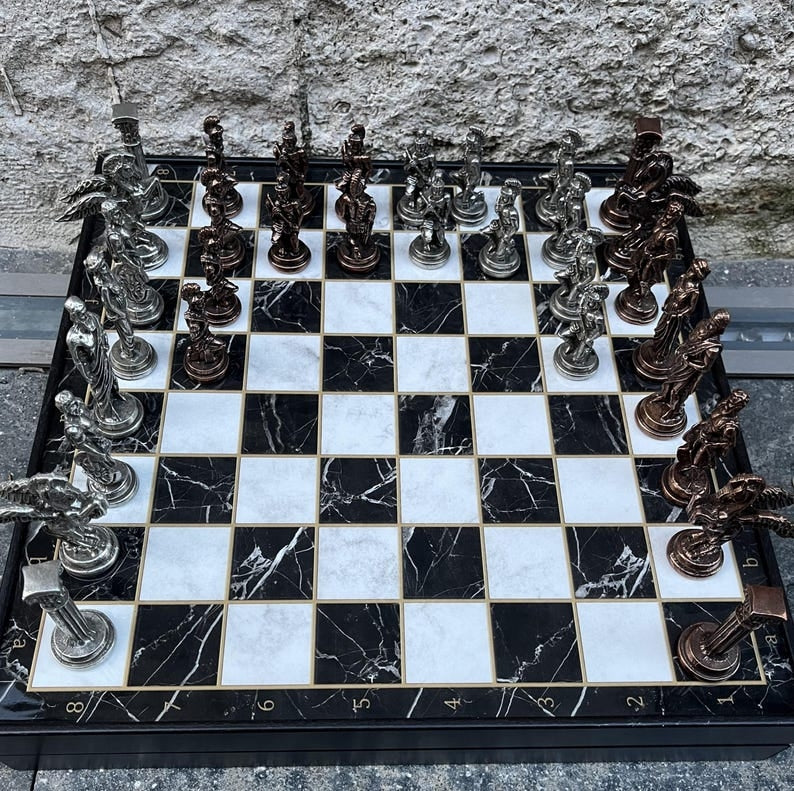 Antique Chess Set with Storage Pegasus Chess Pieces Marble Wood Chess Board Image 3