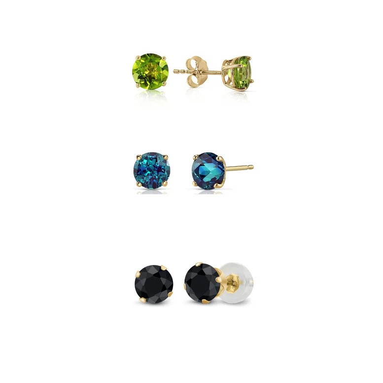 18k Yellow Gold Plated 2Ct Created Peridot Alexandrite And Black Sapphire 3 Pair Round Stud Earrings Image 1