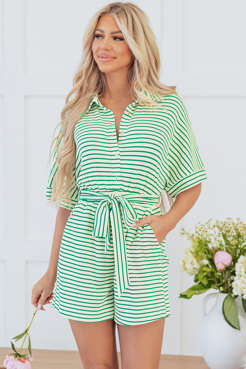 Annabelle Stripe Buttoned and Tie Romper Image 1