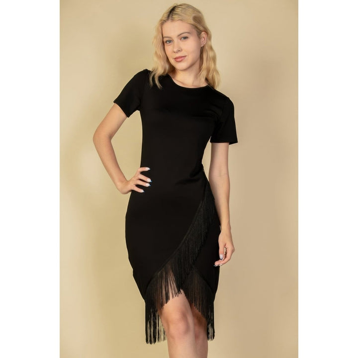 Fringe Hem Short Sleeve Bodycon Midi Pencil Dress Image 2