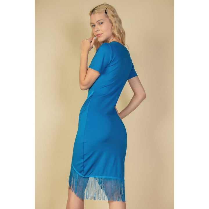 Fringe Hem Short Sleeve Bodycon Midi Pencil Dress Image 1