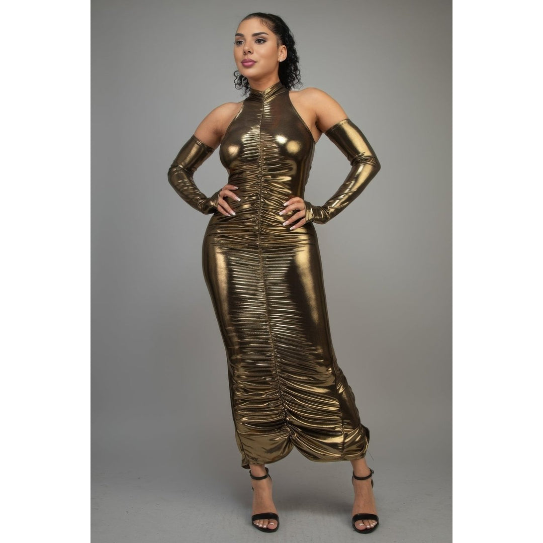 Metallic Ruched Dress With Sleeves Image 3