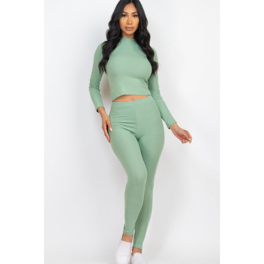 Ribbed Mock Neck Long Sleeve Top and Leggings Set Image 1