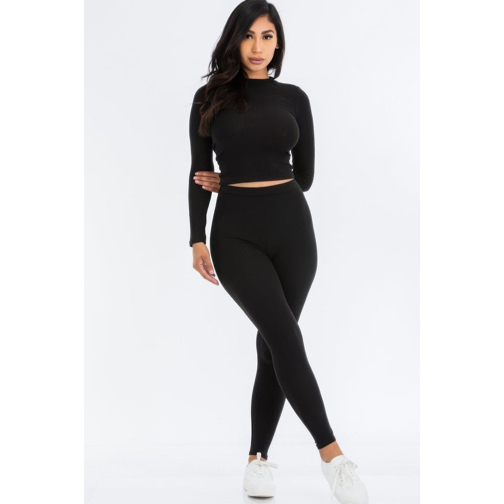 Ribbed Mock Neck Long Sleeve Top and Leggings Set Image 2