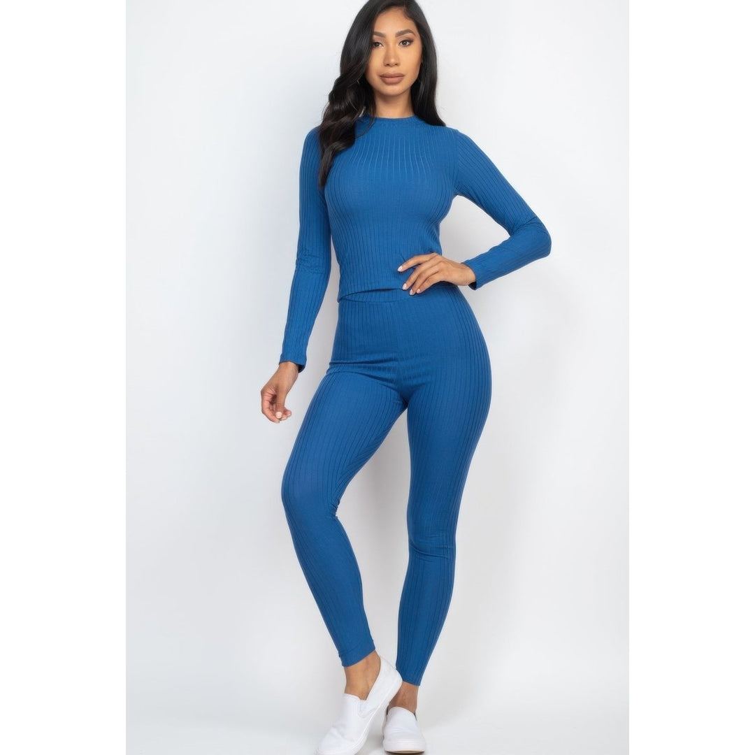 Ribbed Mock Neck Long Sleeve Top and Leggings Set Image 3