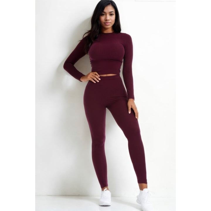 Ribbed Mock Neck Long Sleeve Top and Leggings Set Image 4