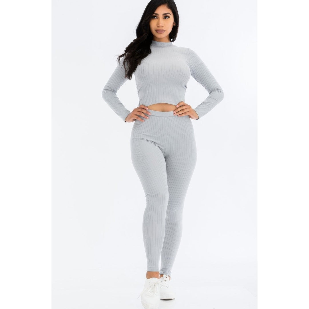 Ribbed Mock Neck Long Sleeve Top and Leggings Set Image 6