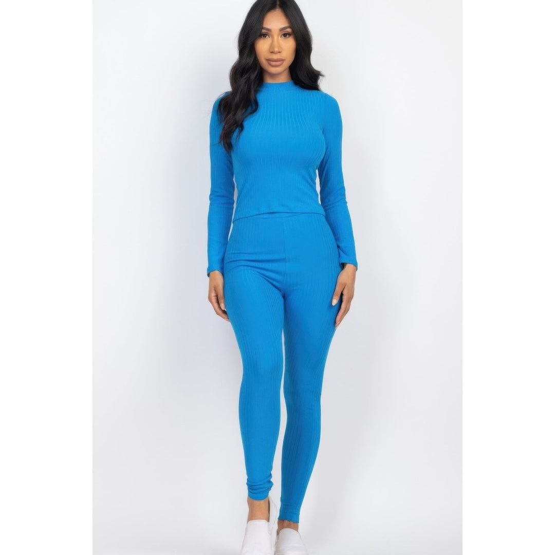 Ribbed Mock Neck Long Sleeve Top and Leggings Set Image 7