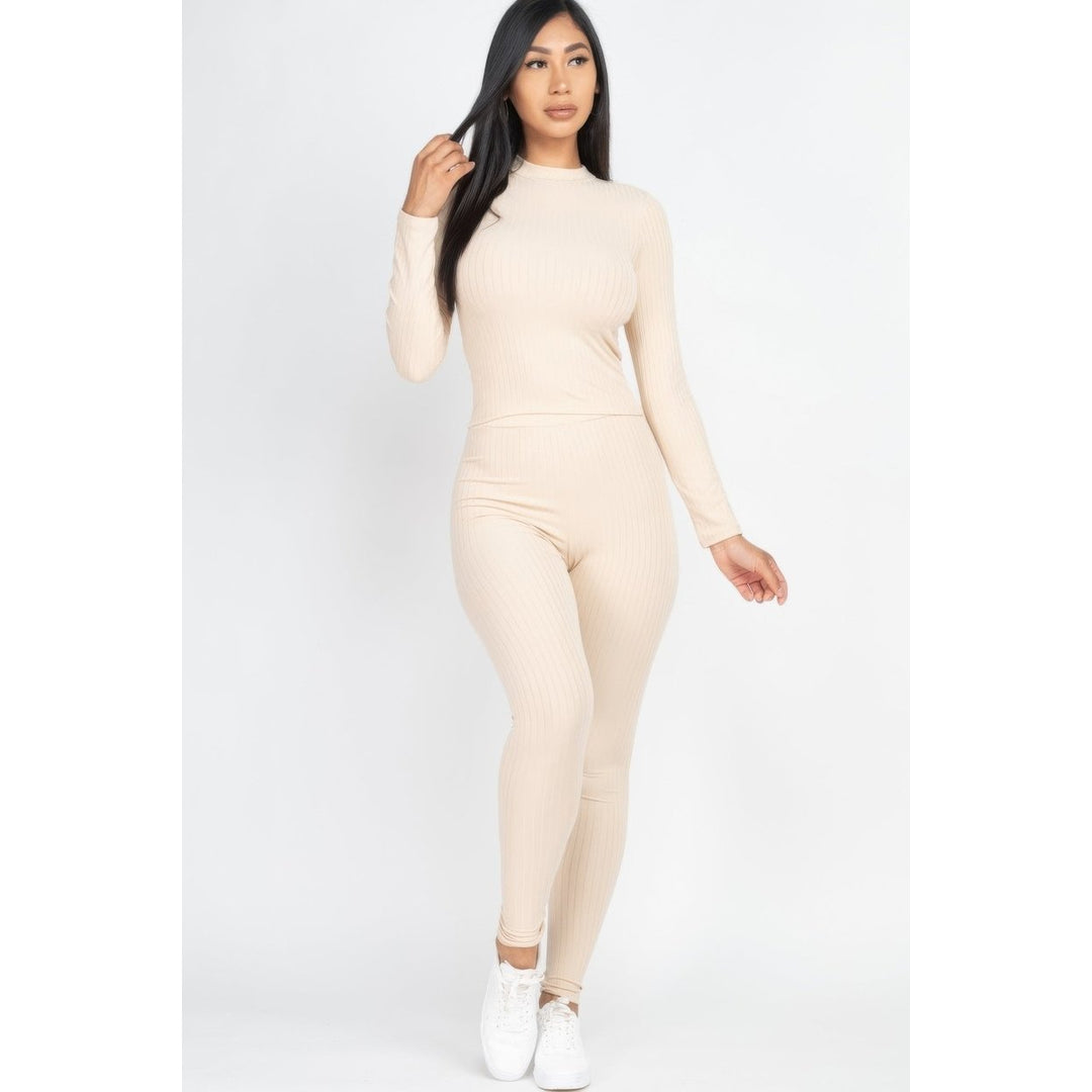 Ribbed Mock Neck Long Sleeve Top and Leggings Set Image 8