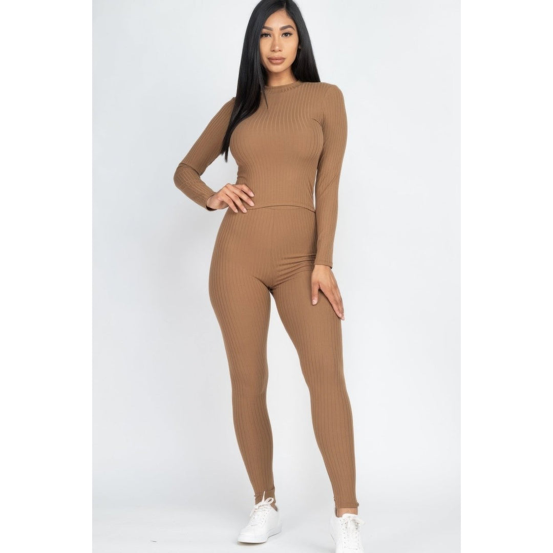 Ribbed Mock Neck Long Sleeve Top and Leggings Set Image 9