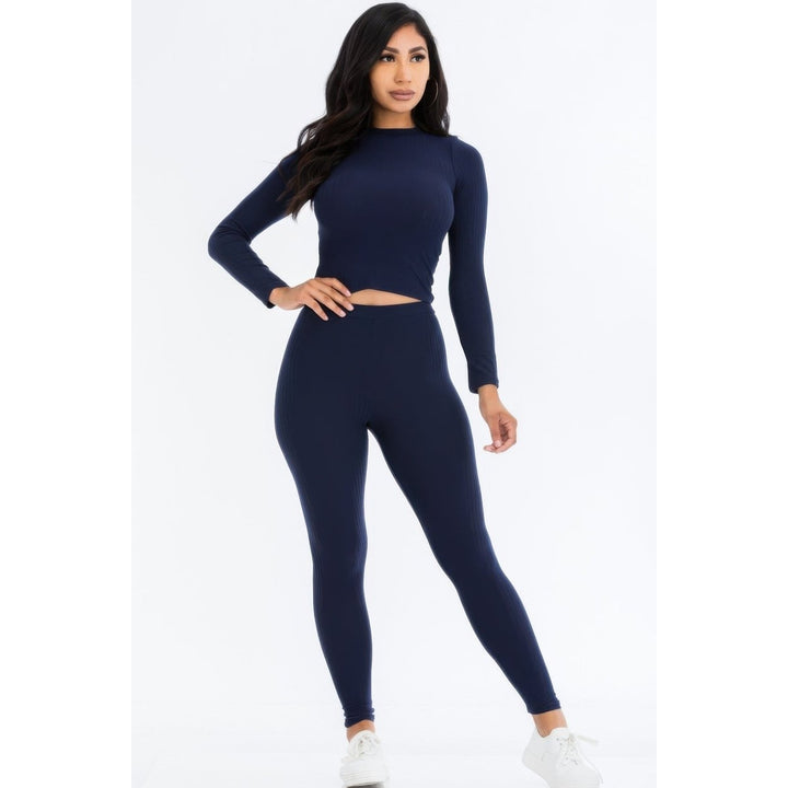 Ribbed Mock Neck Long Sleeve Top and Leggings Set Image 10