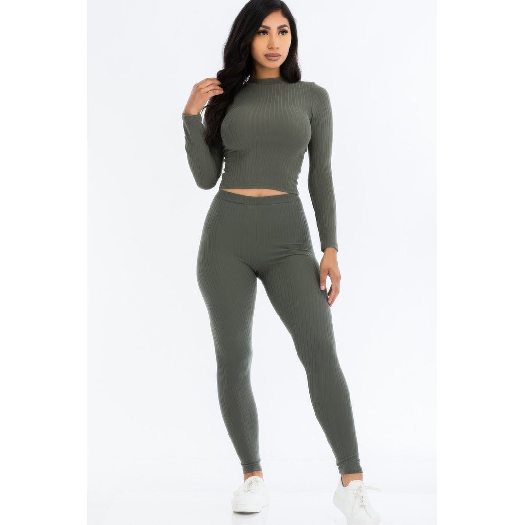 Ribbed Mock Neck Long Sleeve Top and Leggings Set Image 11