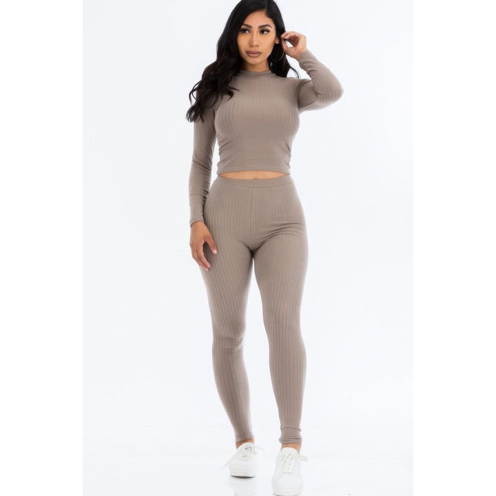 Ribbed Mock Neck Long Sleeve Top and Leggings Set Image 12