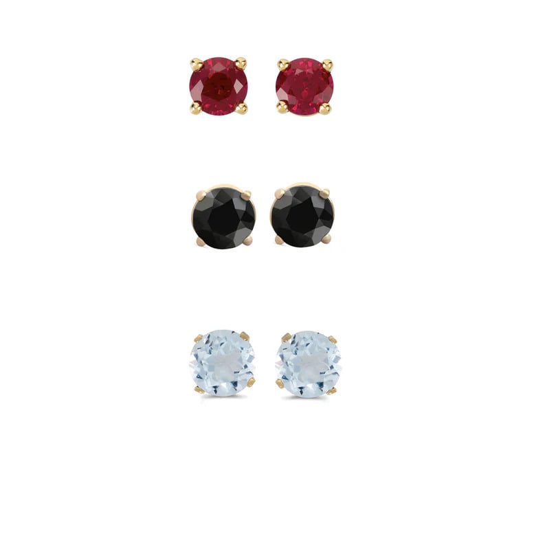 Paris Jewelry 18k Yellow Gold 2Ct Created Garnet Black Sapphire and Aquamarine 3 Pairs Round Stud Earrings Plated Image 1