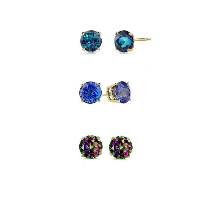 Paris Jewelry 18k Yellow Gold 2Ct Created Alexandrite Tanzanite and Mystic Topaz 3 Pairs Round Stud Earrings Plated Image 1