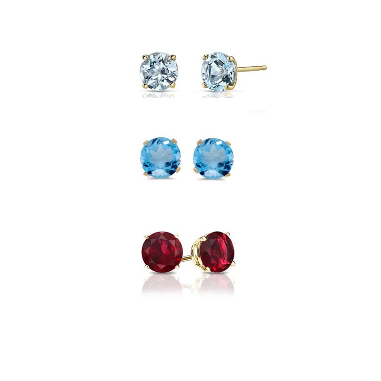 Paris Jewelry 18k Yellow Gold 2Ct Created Aquamarine Blue Topaz and Ruby 3 Pairs Round Stud Earrings Plated Image 1