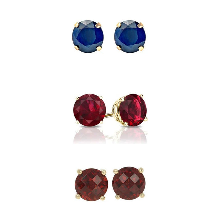 Paris Jewelry 18k Yellow Gold 2Ct Created Blue Topaz Ruby and Garnet 3 Pairs Round Stud Earrings Plated Image 1